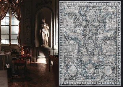 RUGSURE Washable Area Rugs - Perfect for Living Room, Bedroom, Kids Room, Nursery - Stain & Water Resistant Non-Slip, Pet & Child Friendly, Vintage Tribal Area Rugs (Grey and Blue, 5' x 7')