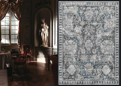 RUGSURE Washable Area Rugs - Perfect for Living Room, Bedroom, Kids Room, Nursery - Stain & Water Resistant Non-Slip, Pet & Child Friendly, Vintage Tribal Area Rugs (Grey and Blue, 4' x 6')