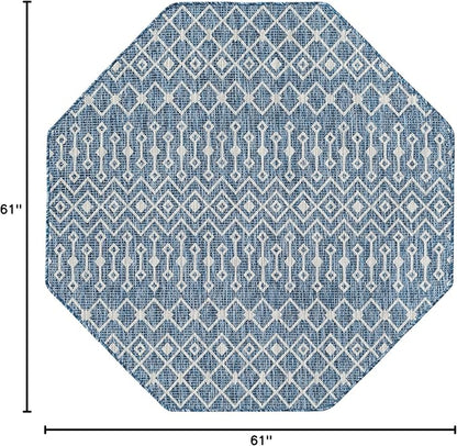 Unique Loom Outdoor Trellis Collection Area Rug - Tribal Trellis (5' 1" Octagon, Blue/ Ivory)