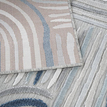 CAMILSON Indoor Outdoor Rug, Blue 8x10 Geometric Arch Striped Area Rugs for Patio and Home Areas, Easy-Cleaning Non-Shedding Living Room, Garden and Deck Washable Outside Carpet (8 x 10)
