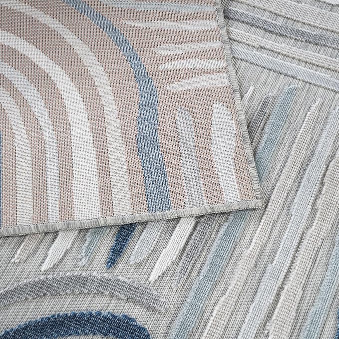 CAMILSON Indoor Outdoor Rug, Blue 10x14 Geometric Arch Striped Large Area Rugs for Patio and Home Areas, Easy-Cleaning Non-Shedding Living Room, Garden and Deck Washable Outside Carpet (10 x 14)