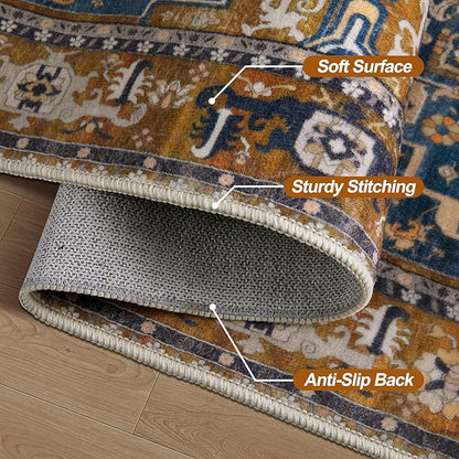 Tangsoo 2x6 Washable Runner Rug for Hallways, Non Slip Vintage Runner Rugs, Soft Low Pile Long Rug Runner, Print Distressed for Kitchen Bedroom Entryway Bathroom Living Room Indigo Ochre