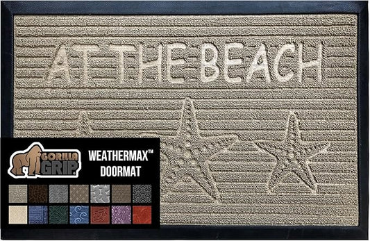 GORILLA GRIP 100% Waterproof All-Season WeatherMax Doormat US Designed Natural Rubber, Stain and Fade Resistant, Low Profile Indoor Outdoor Door Mats, Easy Clean Patio Mat, 17x29, Sand Beach