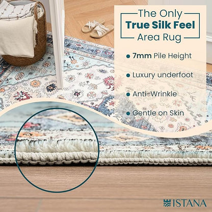 Istana Area Rug 2x4 - White Cream & Blue 2x4 Washable Rug Non Slip - Pet Friendly Living Room Rug - Non Shedding Washable Rugs for Bedroom - Foldable Bathroom Rugs