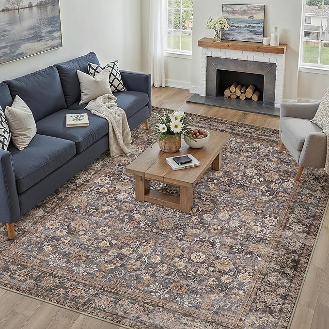 HUGEAR 9x12 Machine Washable Rugs Tradition Brown Hallway Large Area Rug Indoor Accent Rug Floral Low Pile Carpet Soft Throw Aesthetic Rug Bedroom Living Room Office Dining Room Kitchen Laundry Room