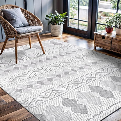 CAMILSON Micro Loop Rug 5x7 Modern Luxury Geometric Boho Diamond Area Rugs Soft High and Low Pile Stain Resistant Easy-Cleaning Non-Shedding for Living Room Office Indoor Carpet (5 x 7 / White - Gray)