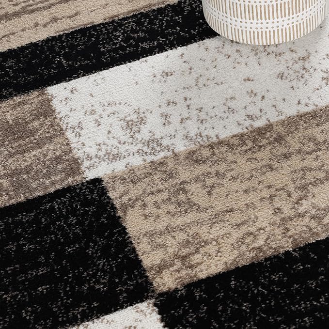 Superior Indoor Area Rug, Jute Backing, Plush Modern Rugs for Entryway, Kitchen Floors, Office Floor Cover, Color Block Rugs, Rockwood Collection, 7' x 9', Ivory/Beige
