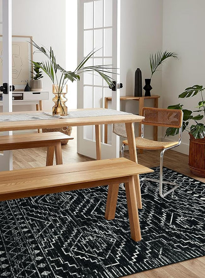 Wonnitar Moroccan Washable Rug 4x6, Black Boho Living Room Area Rug, Non-Slip Farmhouse Bedroom Carpet Dorm Room Throw Rug, Low Pile Soft Accent Mat for Kitchen Entry Office (Black,4'x6')