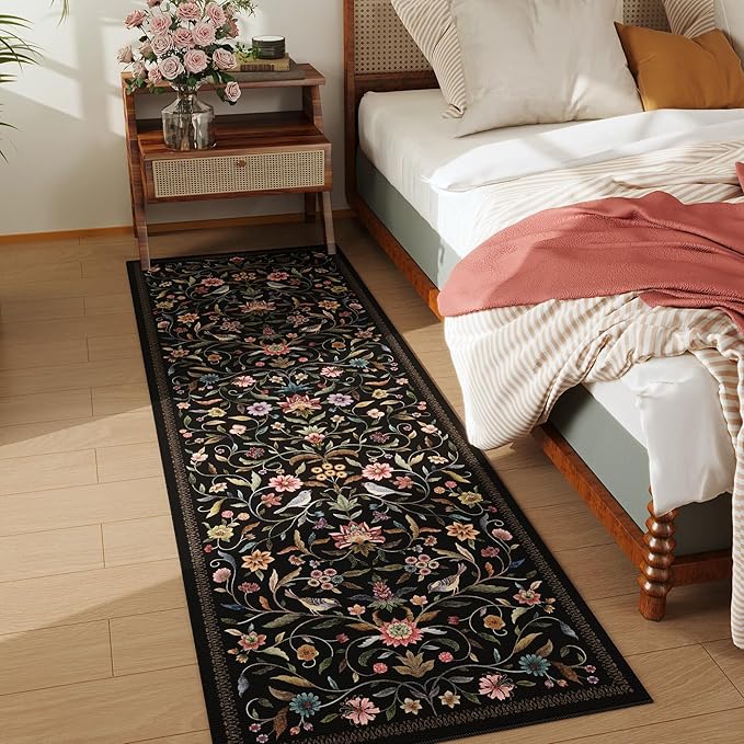 Vintage Medallion Floral Kitchen Runner 2x6, Machine Washable Rug, Soft Low Pile, Non-Slip Carpet for Hallways, Laundry, Bedroom, Bathroom, Entryway | Black