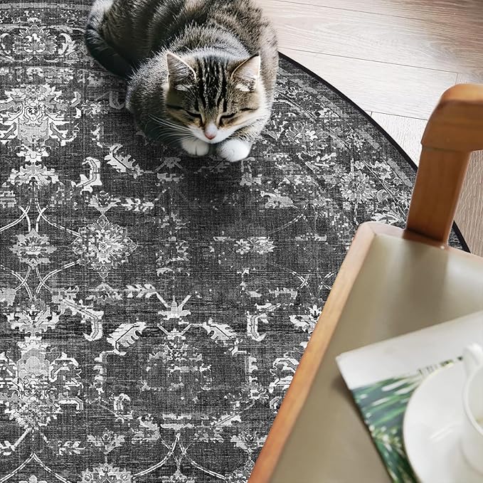 4ft Round Washable Area Rugs for Living Room, Vintage Boho Large Rug for Bedroom Dining Room Office, Distressed Floral Print Carpet for Under Table, Soft Non Slip Low Pile Throw Indoor Mat, Black