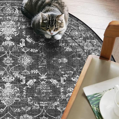 4ft Round Washable Area Rugs for Living Room, Vintage Boho Large Rug for Bedroom Dining Room Office, Distressed Floral Print Carpet for Under Table, Soft Non Slip Low Pile Throw Indoor Mat, Black