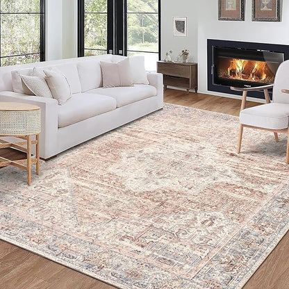 ReaLife Rugs Machine Washable Area Rug - Living Room Bedroom Bathroom Kitchen Entryway Office - Padded Low Pile Stain Resistant Premium - Boho Farmhouse Vintage - Lyle - Gray Ivory Blush 7'6" x 9'6"