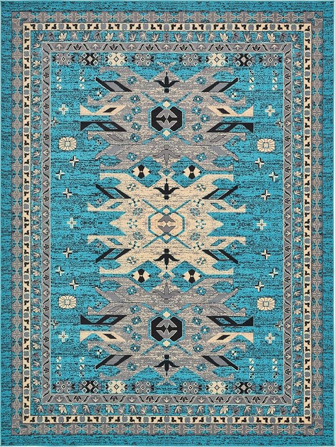 Unique Loom Taftan Collection Border Geometric Tribal Inspired Design Area Rug (9' 0 x 12' 0 Rectangular, Turquoise/ Gray)