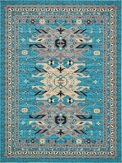 Unique Loom Taftan Collection Border Geometric Tribal Inspired Design Area Rug (9' 0 x 12' 0 Rectangular, Turquoise/ Gray)