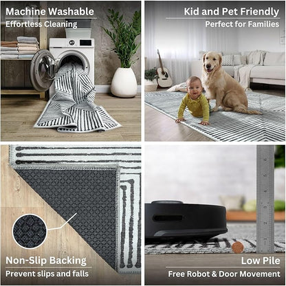 Bloom Rugs Washable Non-Slip 4' x 6' Rug - Black/Ivory Striped Area Rug for Living Room, Bedroom, Dining Room, and Kitchen - Exact Size: 4' x 6'
