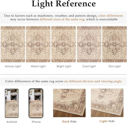 Brown 6x9 Area Rug Washable Vintage Living Room Carpet Non Slip Retro Distressed Low Pile Soft Oriental Medallion Thin Large Throw Rug for Office Bedroom Dining Room Playroom