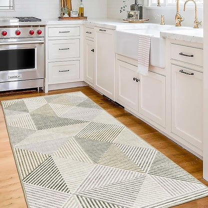 ReaLife Rugs Machine Washable Area Rug Runner - Living Room Bedroom Bathroom Kitchen Entryway Office - Padded Low Pile Stain Resistant Premium - Modern Geometric Contemporary - Miles - Beige 2'6"x8'