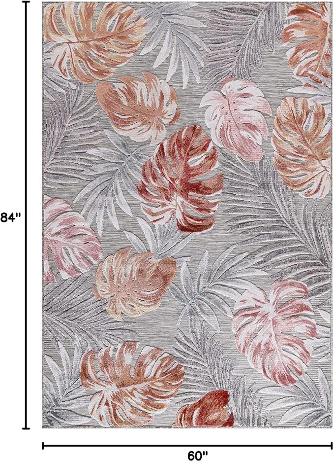CAMILSON Indoor Outdoor Rug, Multi 5x7 Leaf Tropical Botanical Area Rugs for Indoor and Outdoor patios, Easy-Cleaning Non-Shedding Living Room, Garden and Kitchen Washable Outside Carpet (5 x 7)