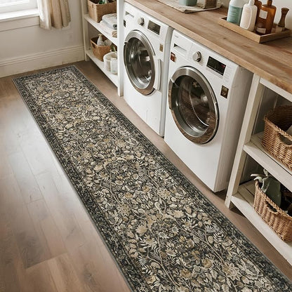 Washable Runner Rug 2x12: Vintage Boho Floral Carpet Runners for Hallway Entryway Non-Slip - Soft Botanical Low Pile Thin Mat for Kitchen Bathroom Bedroom Laundry Floor Decor - Dark Brown