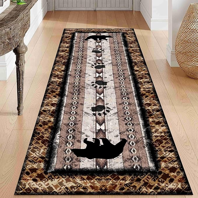 Unique Wildlife Runner Rug, 4x10ft, Bear Border Design Area Rug, Rustic Log Cabin Runner for Entryway, Rubber Backing Durable Floor Rug, Vintage Western Decoration, Fade-Resistant Print Carpet