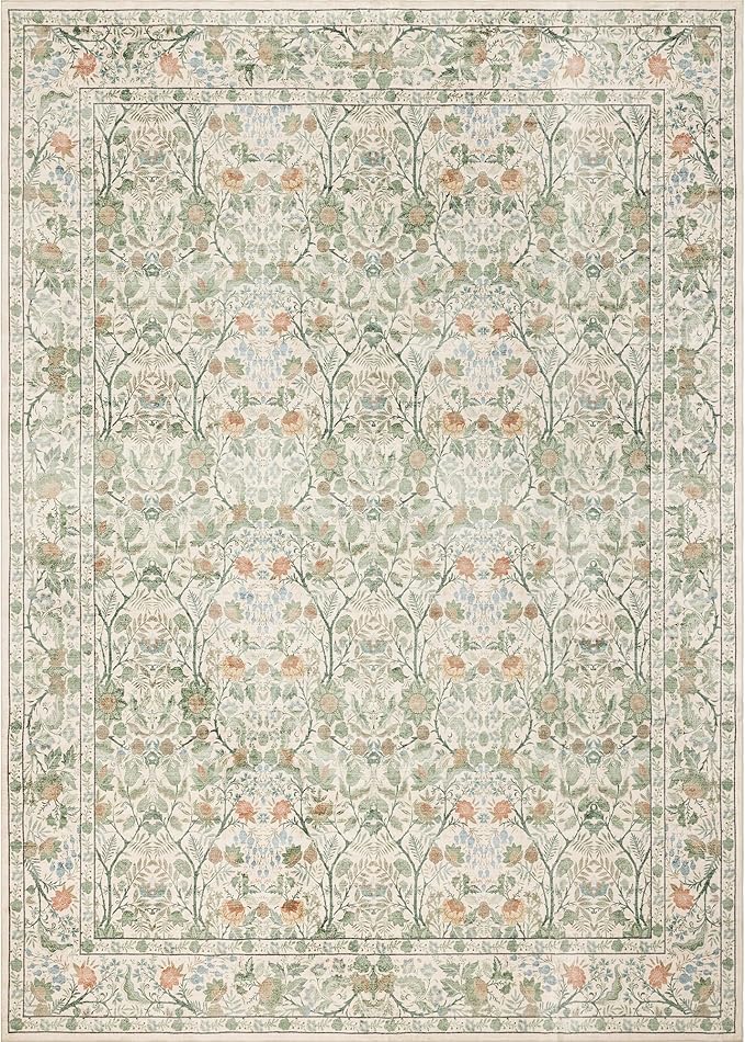 Washable Living Room Rug: 3x5 Boho Floral Soft Area Rug for Bedroom Decor - Vintage Low Pile Thin Carpet for Dining Room Non-Slip - Farmhouse Stain Resistant Rugs - Beige Green