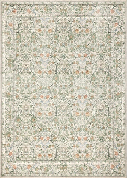 Washable Living Room Rug: 8x10 Boho Floral Soft Area Rug for Bedroom Decor - Vintage Low Pile Thin Carpet for Dining Room Non-Slip - Farmhouse Stain Resistant Rugs - Beige Green