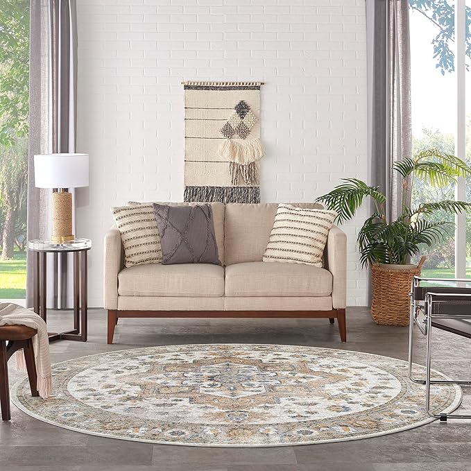 Nourison Home Astra Machine Washable Silver Grey 7'10" x Round Area Rug - Easy Clean, Non Shedding, Bed Room, Living Room, Dining Room, Kitchen (8' x Round)