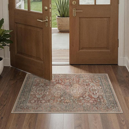 Bavni Washable Entry Rug 2x3, Non Slip Door Mat for Entryway or Kitchen, Vintage Print Low Pile Ultra Thin Indoor Rug, Brick