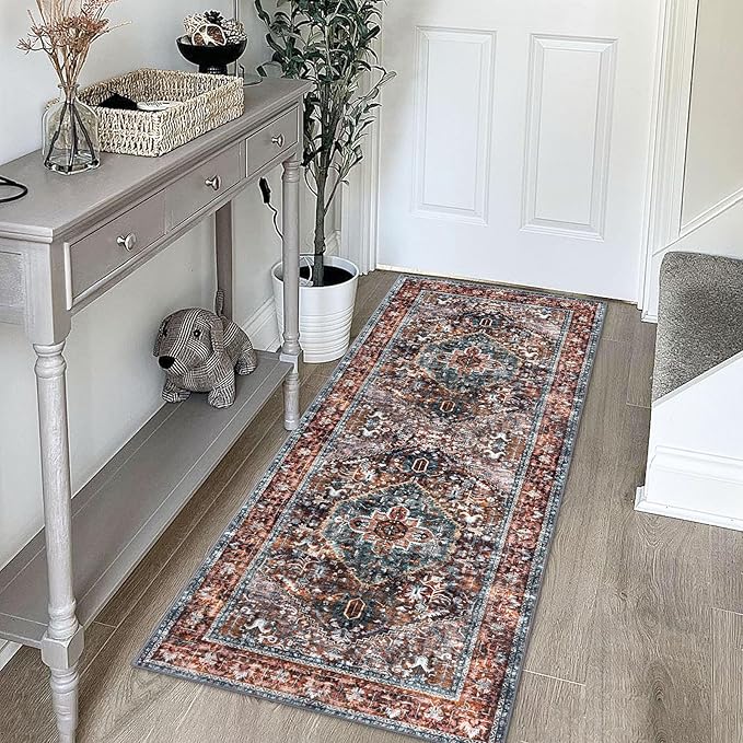 KOZYFLY Runners for Hallways 2x5 Ft Washable Kitchen Runner Rug Boho Runner Rug for Entryway Indoor Printed Oriental Faux Wool Floor Carpet Runner for Laundry Room Kitchen Hall, Brick Red/Orange/Green