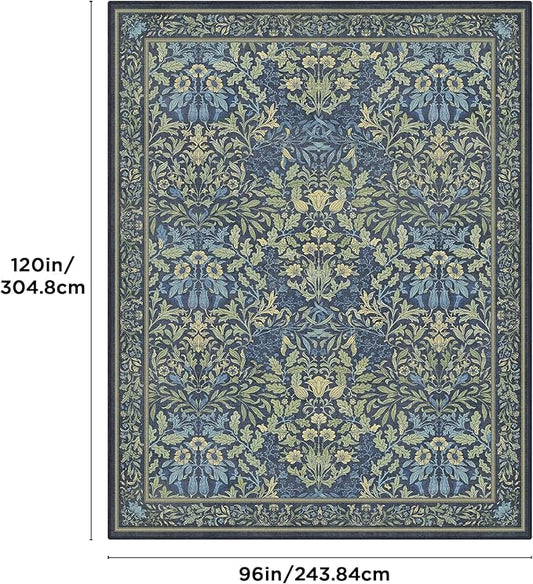 Bavni Floral Dark Blue Area Rugs 8x10, Vintage Boho Carpet Machine Washable, Non Slip Soft Low Pile Thin Rug for Bedroom, Living Room, Dining Room, Nursery