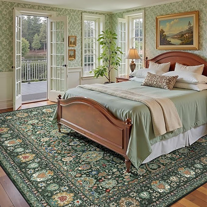 8x10 Vintage Rugs for Living Room, Washable Non Slip Large Area Rug for Bedroom Dining Room Office, Floor Decoration Big Carpet Low-Pile Kid & Pet Friendly Forest Green