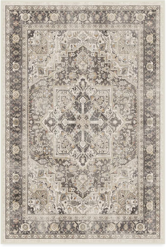 RUGGABLE Washable Vintage Area Rug – Kamran Hazel 4x6, Stain-Resistant, Non-Slip – Medium Machine Washable Rugs for Living Room, Bedroom, Hallway, Entryway & Office–with Cushioned Pad