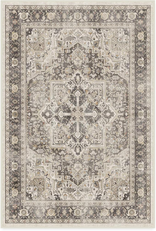 RUGGABLE Washable Vintage Area Rug – Kamran Hazel 4x6, Stain-Resistant, Non-Slip – Medium Machine Washable Rugs for Living Room, Bedroom, Hallway, Entryway & Office–with Standard Pad