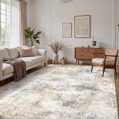 Bavni 9x12 Area Rugs Machine Washable Rug for Living Room, Modern Printed Rug Indoor Soft Area Rug for Bedroom Dining Room, Ultra-Thin Low Pile Carpet with Non Slip Rubber Backing, Beige Gray