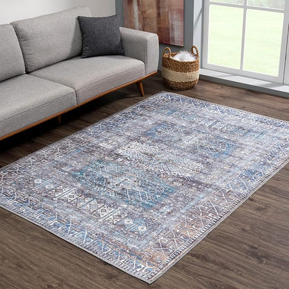 Bloom Rugs Washable 4' x 6' Rug - Slate Gray/Blue Traditional Area Rug for Living Room, Bedroom, Dining Room, and Kitchen - Exact Size: 4' x 6'