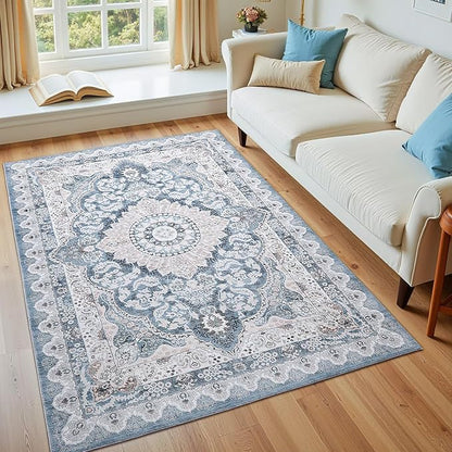 4x6 Area Rug for Bedroom, Machine Washable Rugs with Non-Slip Backing for Living Room, Soft Vintage Carpet Kitchen Laundry Kids Room Decor, Blue & Beige