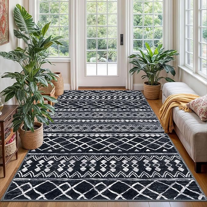 KUTA Bedroom Boho Rug 4x6 Black, Moroccan Washable Area Rugs Non Slip, Ultra Soft Print Distressed Geometric Low-Pile Entry Throw Carpet for Bedroom Nursery Dorm Kitchen Decor