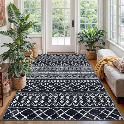 KUTA Bedroom Boho Rug 4x6 Black, Moroccan Washable Area Rugs Non Slip, Ultra Soft Print Distressed Geometric Low-Pile Entry Throw Carpet for Bedroom Nursery Dorm Kitchen Decor
