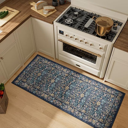DUKINO 2x5 Washable Runner Rug, Floral Non Slip Bathroom Rugs with Soft Low Pile Design, Lightweight Non-Shedding Carpet Runner for Bathroom, Kitchen, Hallway, Bedroom, Laundry, Dark Blue