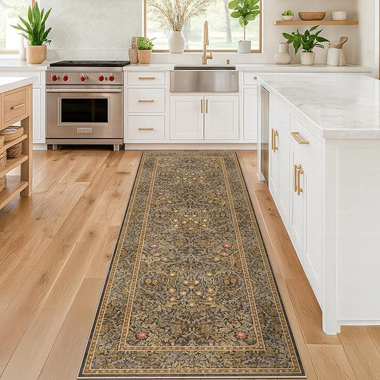 Brown 2'6" x 8' Runners for Hallways Non Slip, Extra Long Floor Runner for Kitchen, Entryway Indoor, Washable Rubber Backing Stain Resistant - Soft Boho Vintage Gold Brown Floral Décor