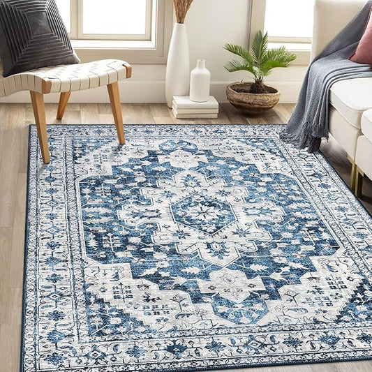 Moynesa Ultra-Thin Washable Area Rug - 5x7 Blue Rugs for Living Room Washable Rugs for Bedroom Soft Dining Room Mat, Vintage Printed Low Pile Indoor Carpet for Office Sunroom Playroom