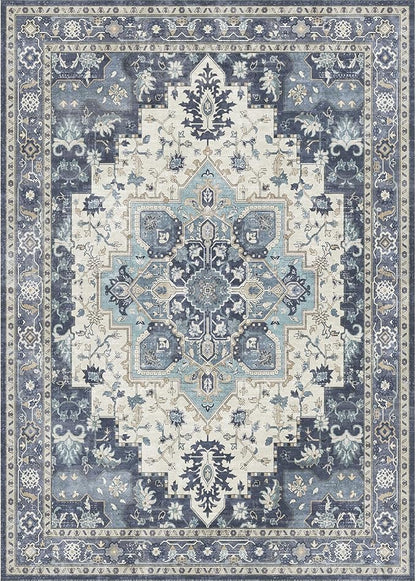 GENIMO 5x7 Area Rugs for Living Room, Machine Washable Vintage Non Slip Rugs, Low Pile Lightweight Chenille Print Rug for Bedroom, Dining Room, Home Office, Center Blue
