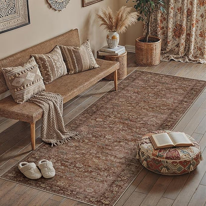 HUGEAR 3x8 Runner Rug Machine Washable Brick Red Hallway Area Rug Indoor Accent Rugs Floral Low Pile Carpet Soft Throw Rugs Bedroom Living Room Office Dining Kitchen Laundry Non Slip