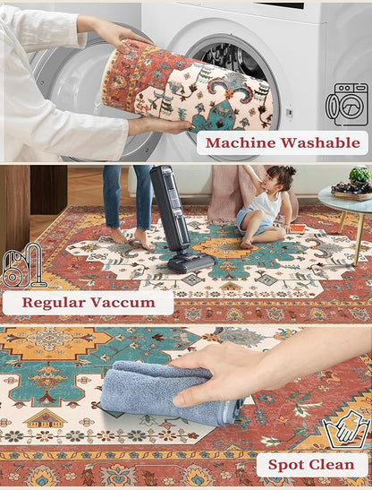 SERISSA Boho Washable Runner Rug, 2x6 Rug Non-Slip Vintage Orange Hallway Kitchen Runner Rug Ultra Soft Print Distressed Floor Carpet for Bedroom Bathroom Laundry Living Room