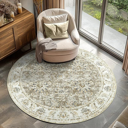 jinchan Fiora Round Rug 4ft Area Rugs Vintage Floral Distressed Design - Machine Washable Non-Slip Low-Pile Ultra-Thin Circle Rug for Entryway Bedside Living Room Dining Room Bedroom (4' Round, Taupe)