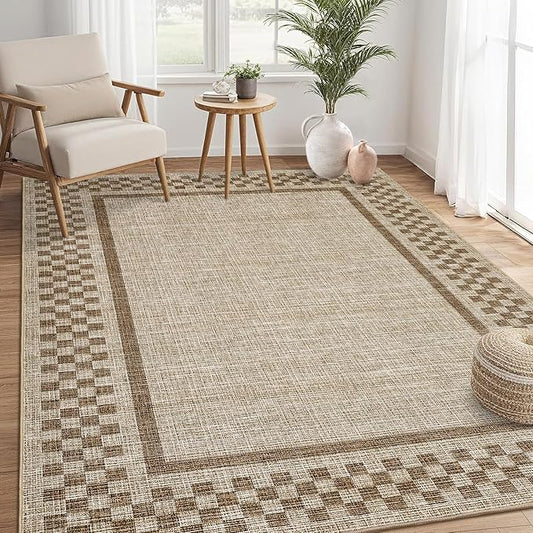 GarveeHome Modern Bordered 8x10 Area Rugs for Living Room Bedroom Soft Washable Large Bedroom Throw Carpet Non Slip Checkered Geometric Rugs for Dining Room Home Decor Office, Taupe