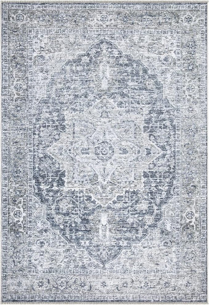 Bloom Rugs Washable Non-Slip 2x3 Rug - Gray/Dark Blue Traditional Oriental Area Rug for Living Room, Bedroom, Dining Room, and Kitchen - Exact Size: 2' x 3'