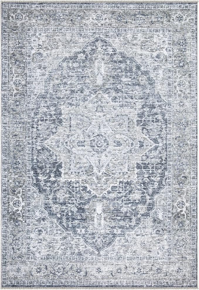 Bloom Rugs Caria Washable Non-Slip 5x7 Rug - Gray/Dark Blue Traditional Area Rug for Living Room, Bedroom, Dining Room, and Kitchen - Exact Size: 5' x 7'