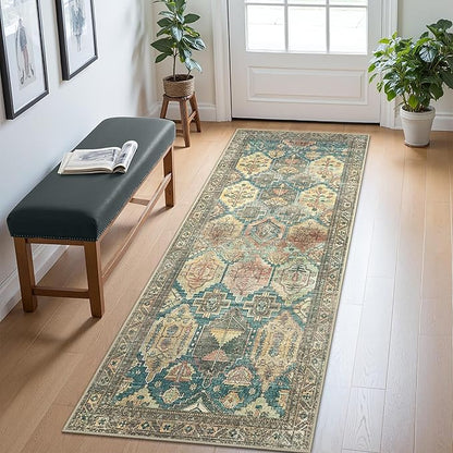 Bavni Washable Rug 5x7 Area Rug for Living Room Bedroom Dining, Washable Vintage Print Carpet, Ultra-Thin Low Pile Lightweight Rug with Non Slip Backing, Multi Green