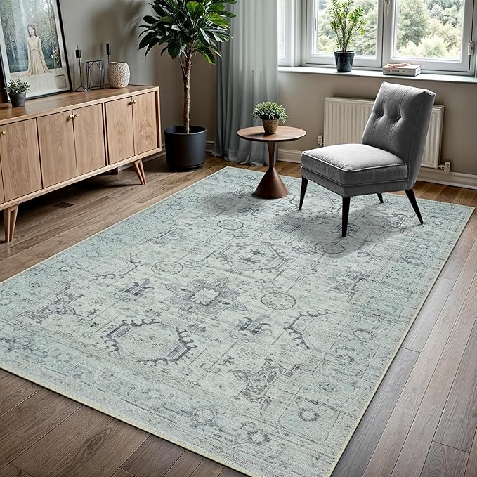 GLN Rugs Traditional Collection - Machine Washable Area Rug, Traditional Washable, Non Slip, Low Pile Chenille Rug, Living Room, Bedroom, Kitchen Rug (9' x 12' Cream/Gray/Sea Salt)